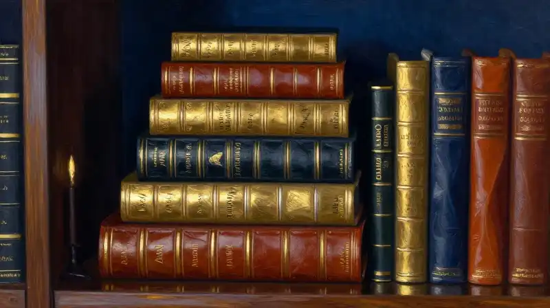 A collection of tiered leather-bound books in moody blue lighting