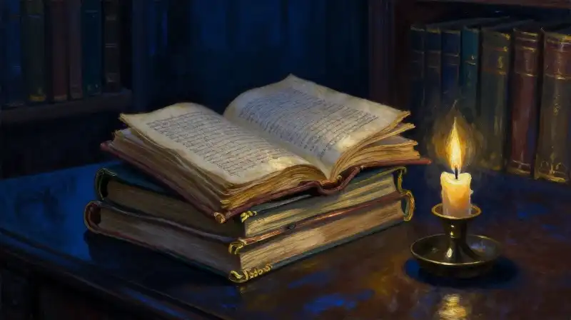 Stacked ancient manuscripts in a moody blue library setting