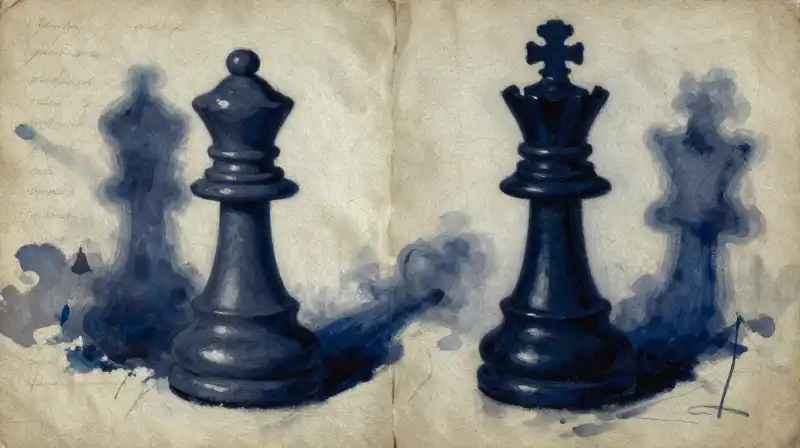 Two chess pieces on an aged manuscript in moody blue tones