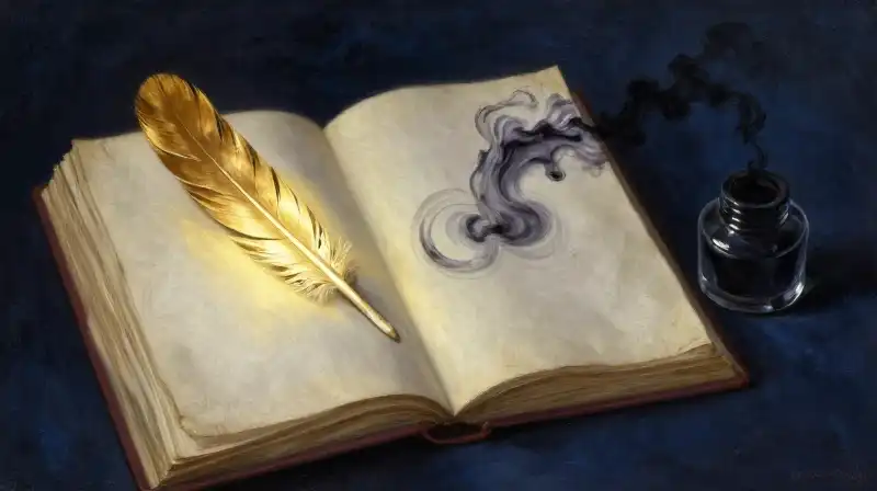 An open book with a golden feather in deep blue light