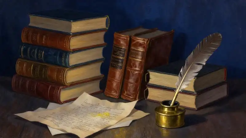 Stacked vintage books and manuscripts in a moody blue library