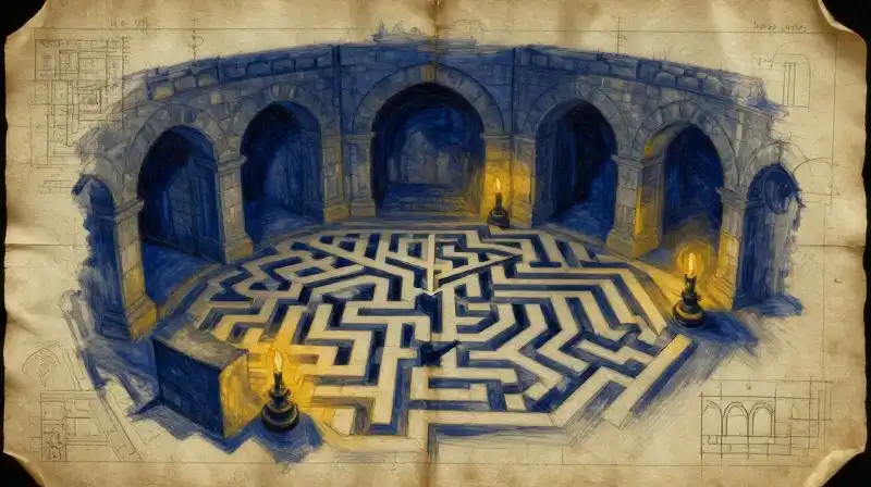 Architectural sketches of a dark dungeon on aged parchment