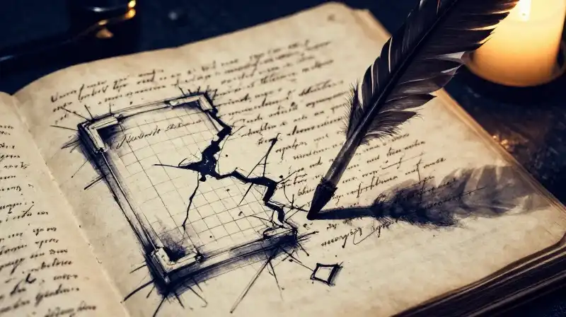 An ink-stained manuscript and quill in moody blue tones