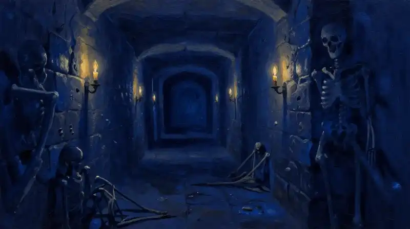 atmospheric dark stone vault with flickering candlelight and shadows