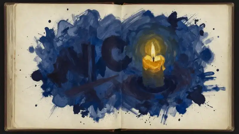 An open manuscript in deep blue tones with warm candlelight highlights