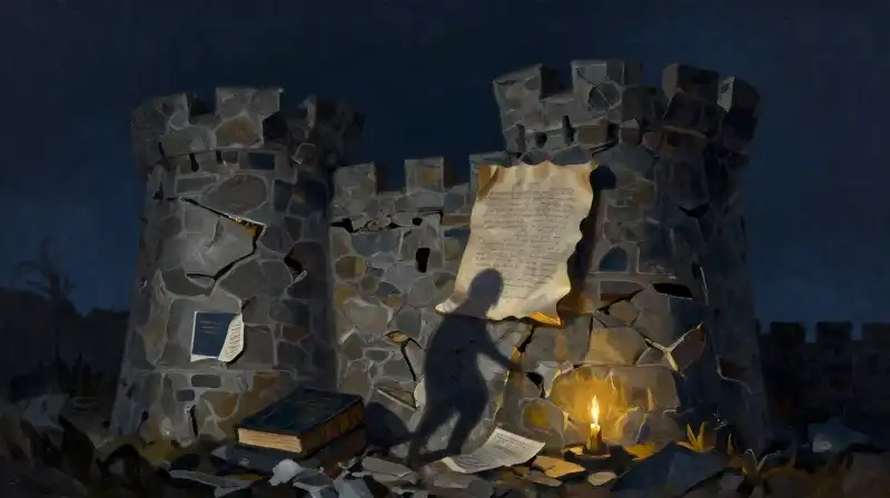 A metaphorical stone fortress made of old books in deep blue tones