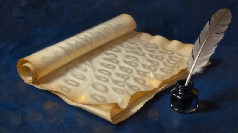 Stylized quill and parchment scrolls in deep indigo tones