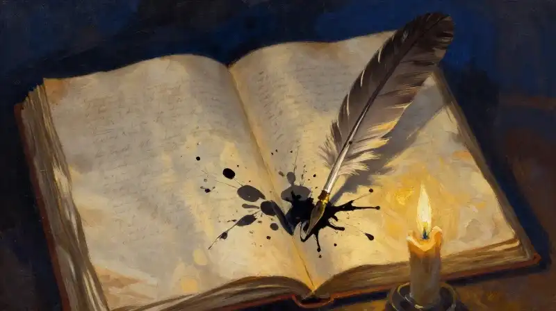 An open manuscript with a quill in moody indigo tones