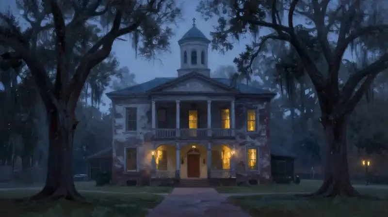 Atmospheric oil painting of a weary Southern town square at dusk