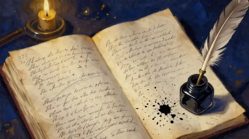 An antique quill and handwritten manuscript in moody indigo tones