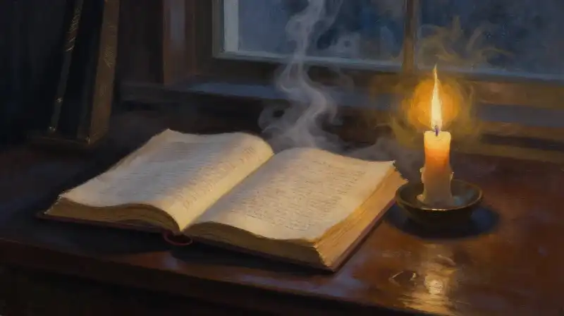 An open manuscript in a moody, blue-toned literary setting