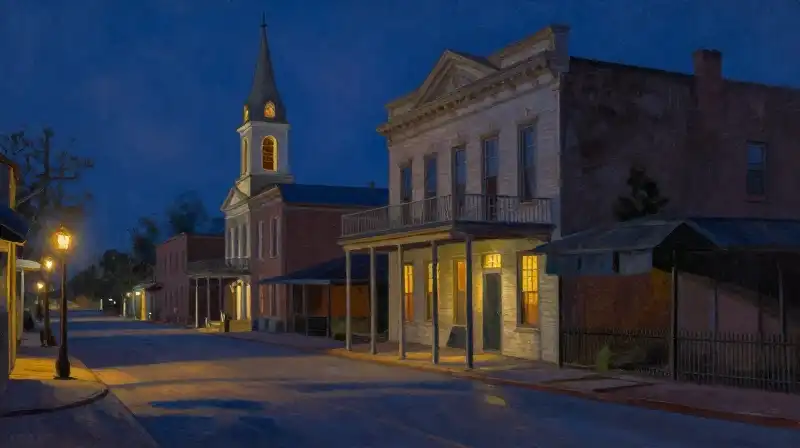 Atmospheric oil painting of a weary Southern town at dusk