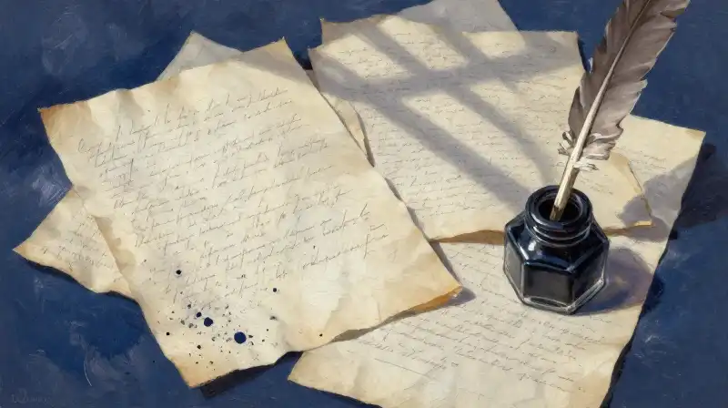 Handwritten manuscripts and a quill in moody indigo lighting
