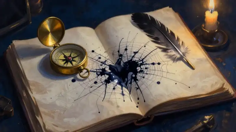 An open manuscript with ink webs and a feather in indigo tones