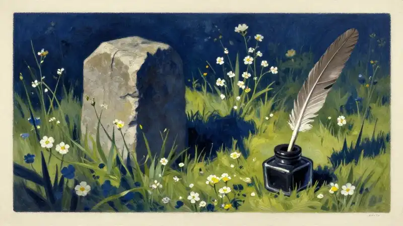 A blooming meadow cast in deep blue shadows with an antique quill