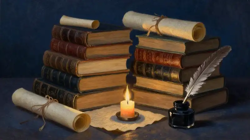 Stacked old books and parchment in moody blue lighting