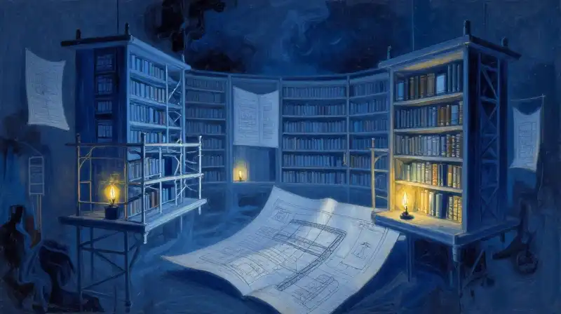 Ethereal architectural structures made of glowing parchment and ink