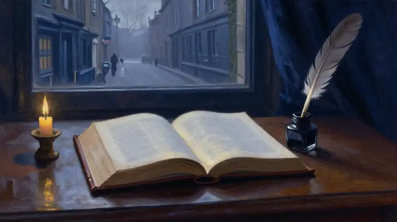 An open novel and quill in a moody blue atmospheric setting