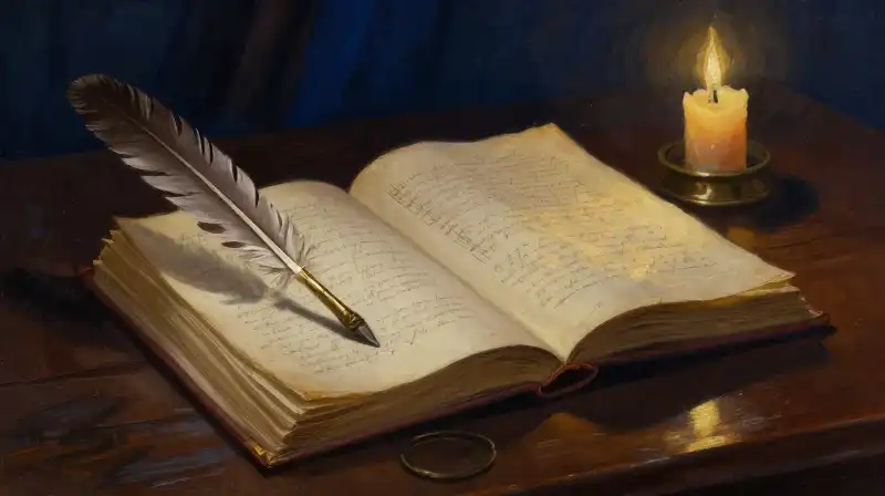Antique books and quill in moody blue candlelight