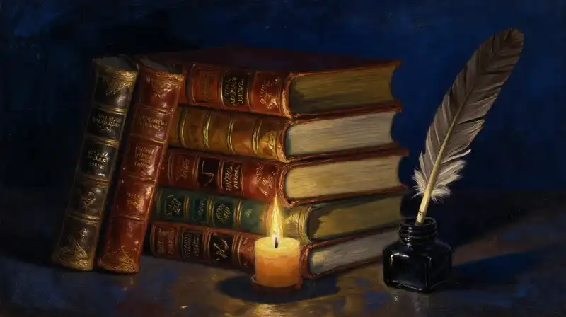 Stacked antique books and quill in moody blue lighting
