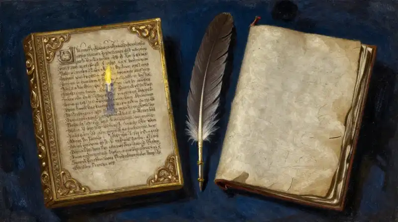 Two different historical manuscripts divided by light and shadow
