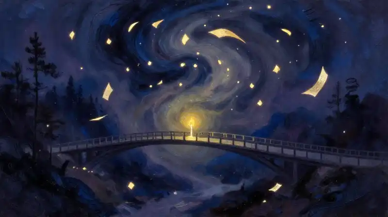 A bridge of ink connecting reality to a dreamlike world
