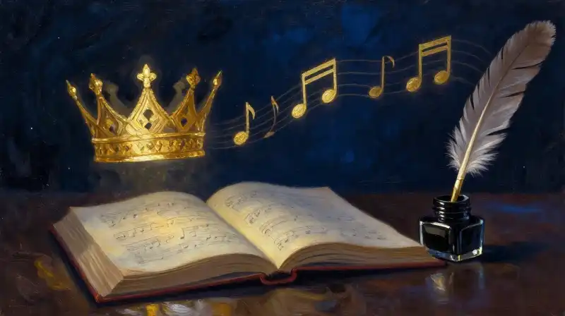 An open manuscript with a crown and rhythmic musical notes
