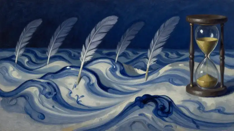 Rhythmic ink waves and an hourglass in deep blue tones