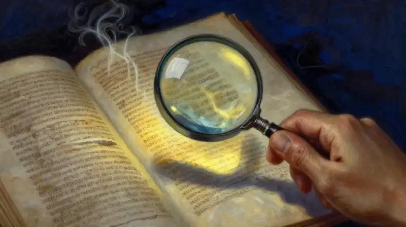 Magnifying glass revealing glowing details on an ancient manuscript