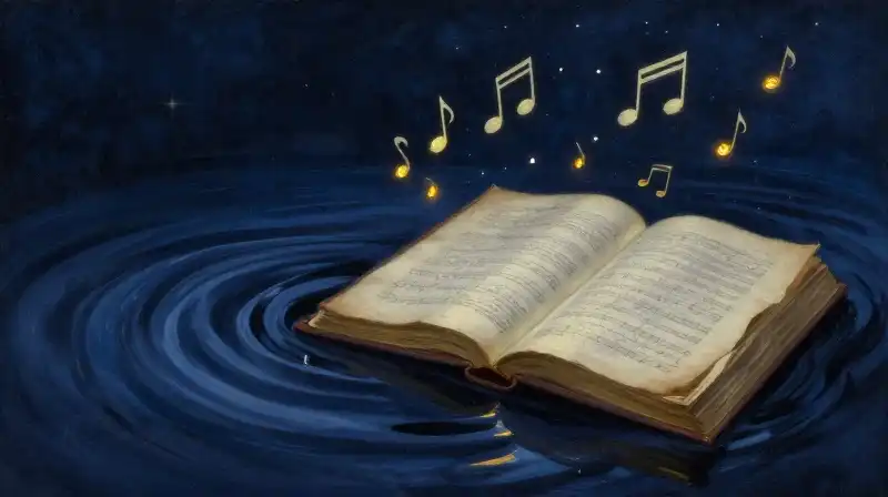 An open manuscript with golden musical sparks on indigo waves