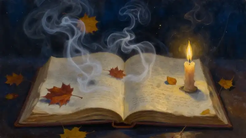 Atmospheric open manuscript with swirling mist and candle light