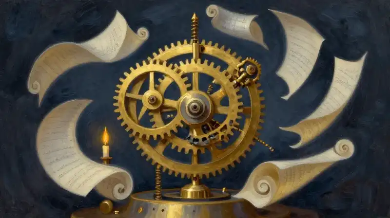 Golden clockwork gears and ink-stained scrolls in deep blue tones