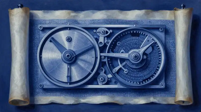 A clockwork mechanism beside an intricate textured tapestry in blue tones