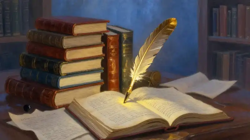 Diverse literary books and a golden quill in indigo light