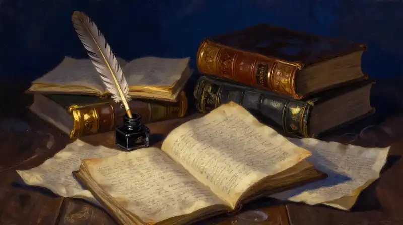 Stacked antique books and manuscripts in a moody blue study