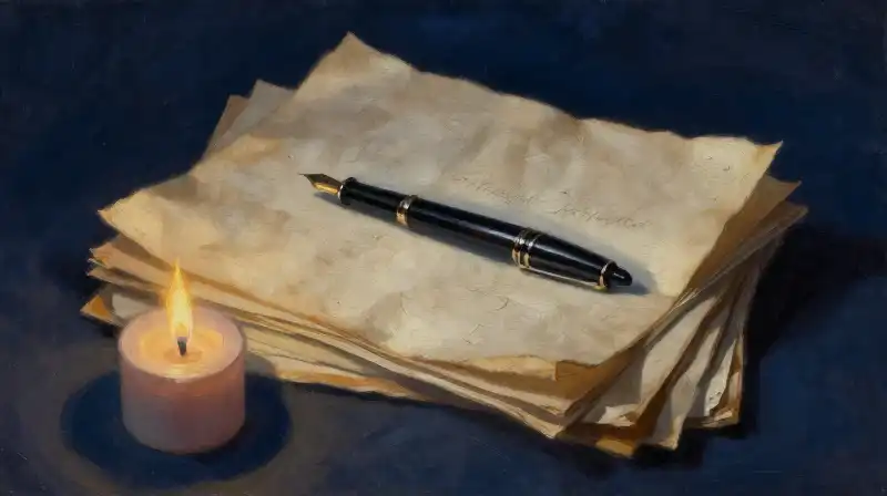 Stack of old manuscripts and a fountain pen in moody blue lighting