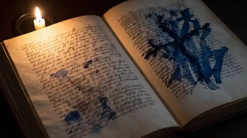 Antique manuscript with rhythmic ink strokes in deep indigo tones