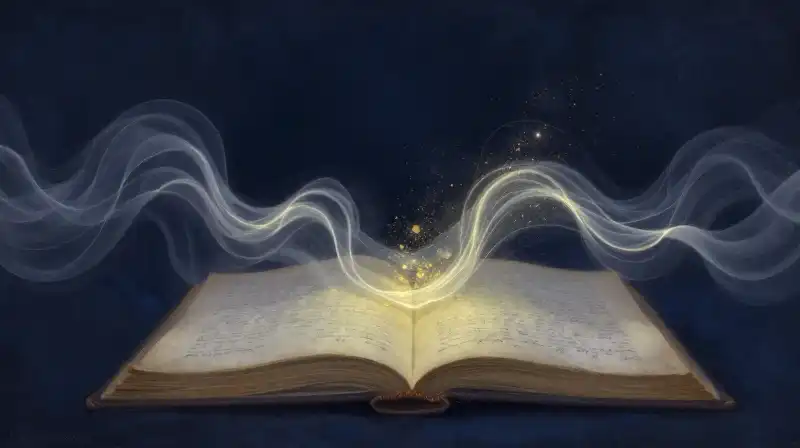 Ethereal blue ink waves flowing from an open manuscript