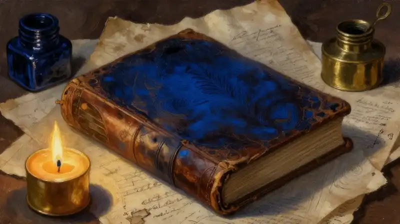 An old book illuminated by candlelight in deep blue tones