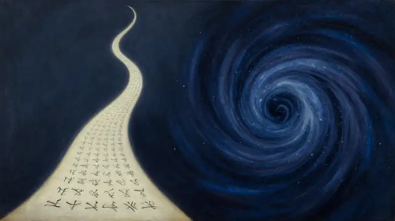 Two symbolic paths of ink representing different literary styles on aged parchment