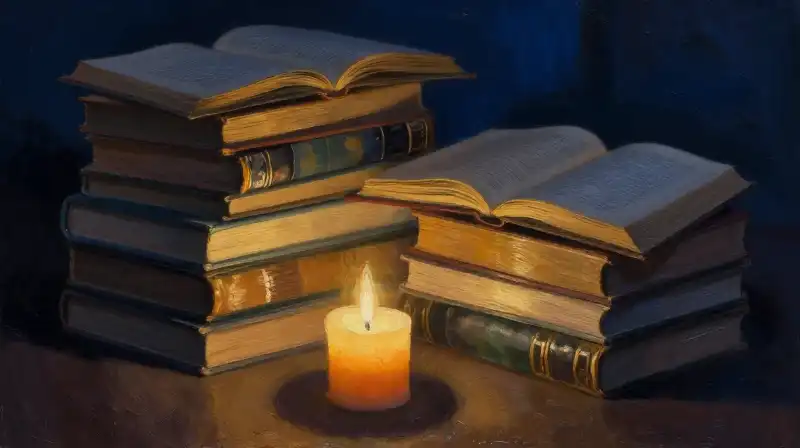 Stacked old books and manuscripts in moody indigo lighting