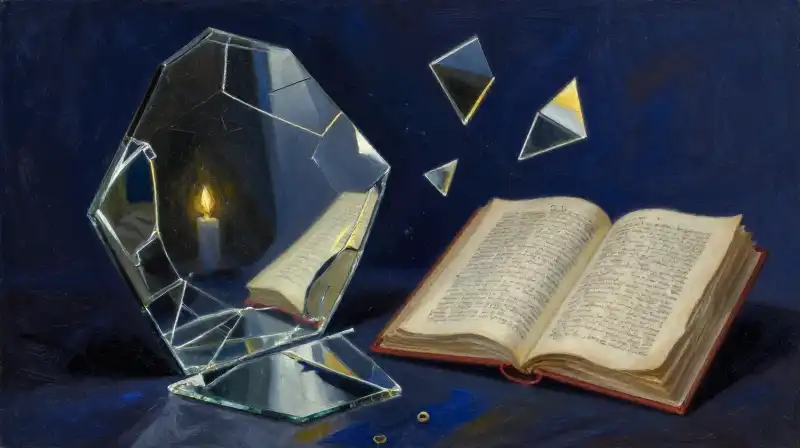 Fragmented mirror reflecting multiple realities over an ancient book