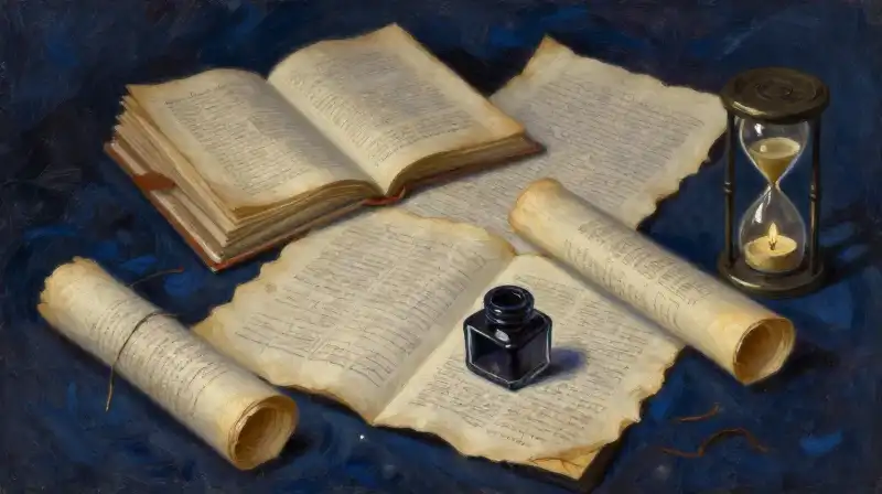 Literary manuscripts and an hourglass in deep indigo tones