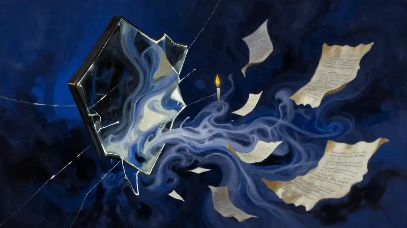 Fragmented manuscripts and swirling ink in a moody blue atmosphere