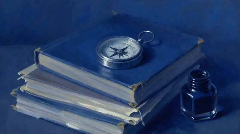 Overlapping antique books and parchment in deep indigo tones