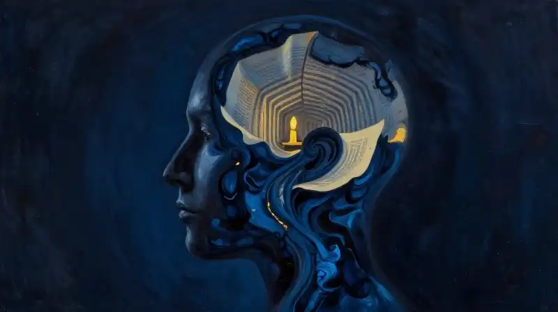 An evocative illustration of a human mind dissolving into ink and book pages
