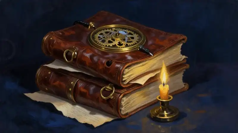 Vintage science fiction books and brass gears in moody blue light