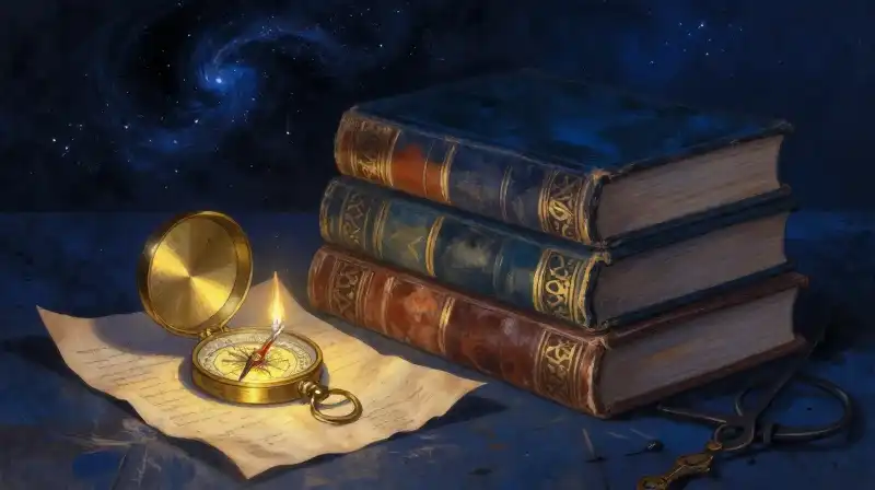 Stack of books and a golden compass against a starry blue background