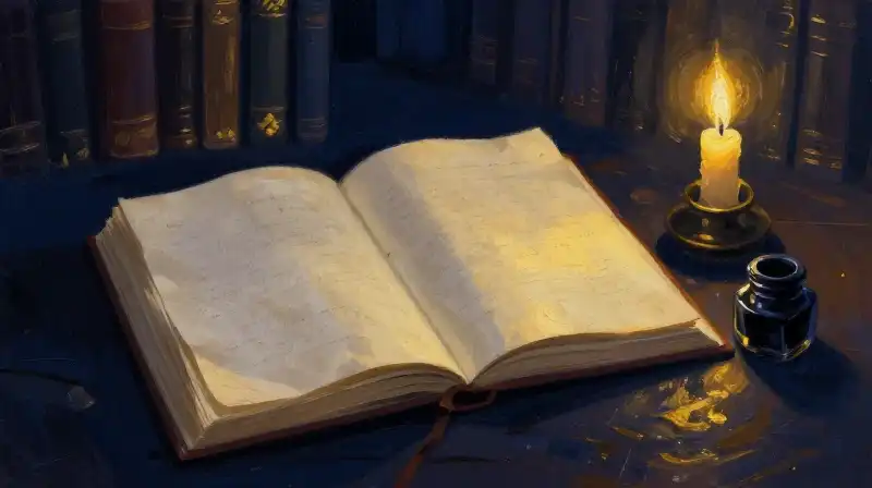 An open antique book and inkwell in a dark blue library