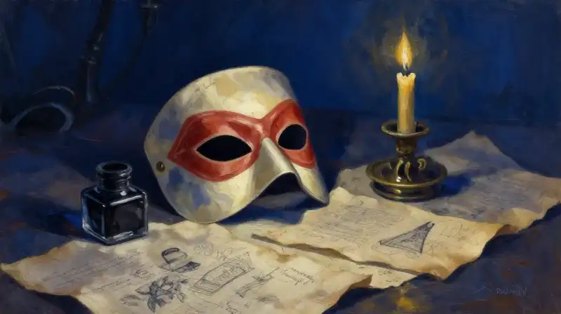 Literary illustration of antique inkwells and manuscripts in indigo tones